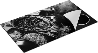 Chefcare Inductie Beschermer Schaal met Kruiden op Zwarte Marmer - Zwart Wit - 95x50 cm - Afdekplaat Inductie - Kookplaat Beschermer - Inductie Mat
