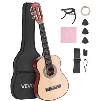 VEVOR Concertgitaar, 780 mm, Klassieke Gitaar Starterset voor Beginners, met Nylon Snaren, Gigbag, Riem, Tuner, Extra Snaren, Plectrums, Capo, Lindehout, voor Beginners, Naturel
