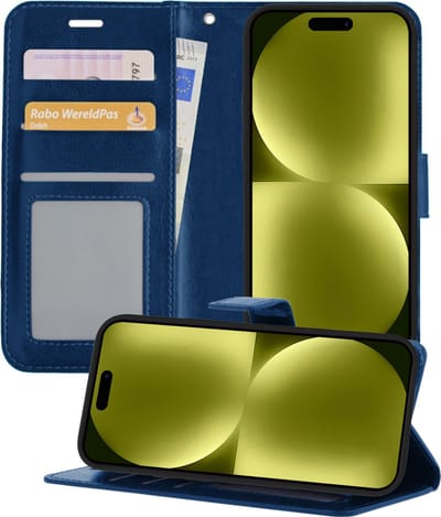 Hoesje - Met Pasjeshouder - Geschikt voor Apple iPhone 15 - Luxe Bookcase Portemonee - Flip Case - Kunstleer Book Case - Flipcase - Book Cover - Walletcase - Portemonneehoes - Telefoonhoesjes - Donkerblauw