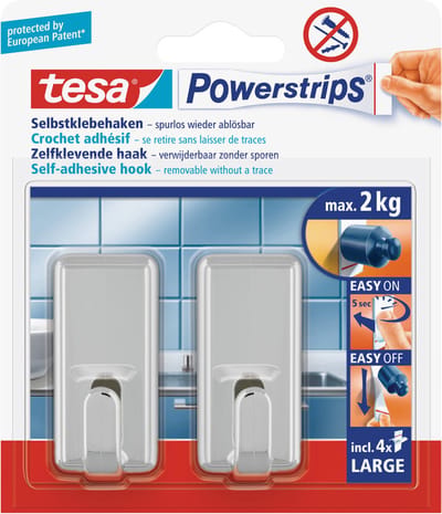 Tesa Powerstrips ophang haken - 4x - zilver - kunststof - 2 kg - voor tegels en glas