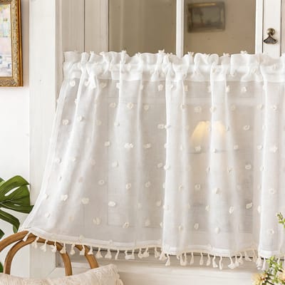 Qelus Boho Cafégordijn - Vitrage met Pompons - 140x46cm - Kort Keukengordijn - kwastjes - dubbele tunnelzoom - lichtdoorlatend - voor keuken - badkamer - Wit - 1 Stuk