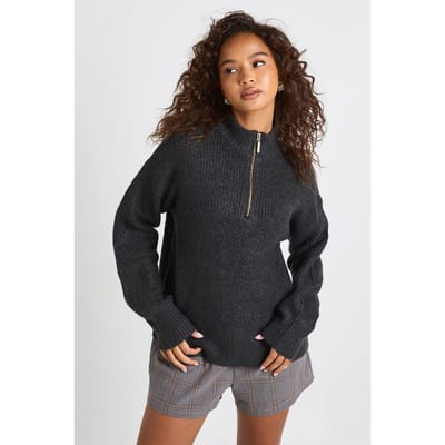 boohoo Dames Zachte oversized gebreide trui met ritssluiting aan de nek | Charcoal | Maat: Small