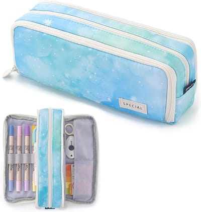 Pennenetui voor jongeren, jongens en meisjes, 3 vakken, grote inhoud, voor school en kantoor school etui（Blauw sterrenhemel）