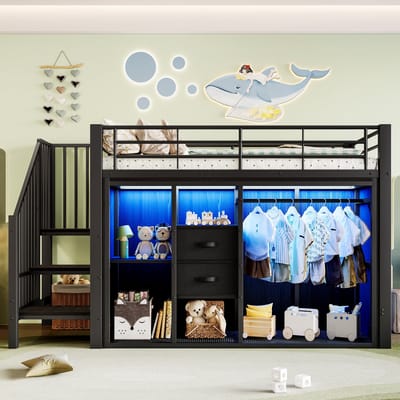 Sweiko Hoogslaper - 90 x 200 cm - 2 lades - LED-verlichting - Kledingstang - Kinderbed - Zwart