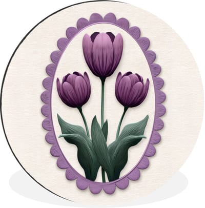 WallCircle - Wandcirkel - Muurcirkel - Tulpen - Paars - Lijst - Bladeren - Aluminium - Dibond - 30x30 cm - Binnen en Buiten