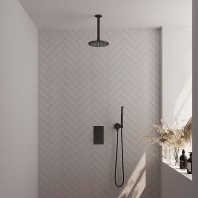 Brauer Black Edition thermostatische inbouw regendouche 3-weg omstelling SET 29 met 20 cm douchekop en plafondarm en staaf handdouche en doucheslang en wandaansluitbocht mat zwart