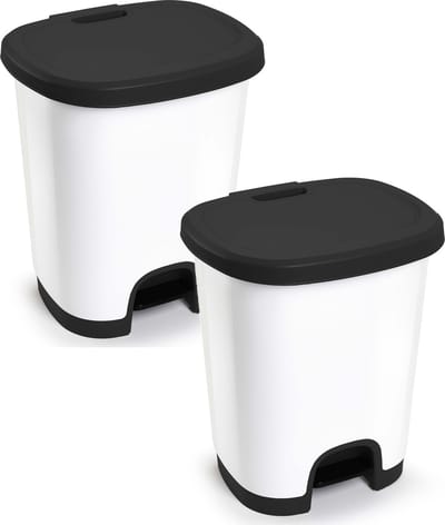 PlasticForte vuilvisbak Pedaalemmer - 2x - wit/zwart - 18 liter - 33 x 28 x 40 cm - kunststof - afvalbak