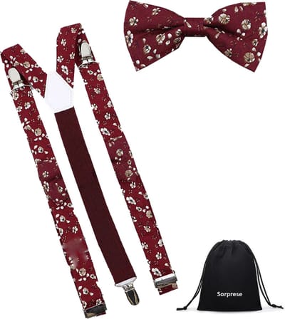 Sorprese Luxe bretels inclusief vlinderdas - Gebloemd - Bordeaux - met stevige clip - bretels - vlinderdas - strik – strikje - luxe - heren - unisex - giftset