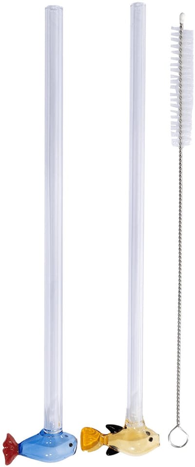 Point-Virgule Set van 2 rietjes met vis uit borosilicaatglas en borstel 20cm