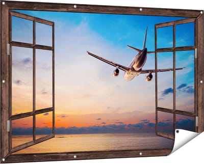 Gards Tuinposter Doorkijk Vliegtuig Boven de Zee bij Zonsondergang - 150x100 cm - Tuindoek - Tuindecoratie - Wanddecoratie buiten - Tuinschilderij
