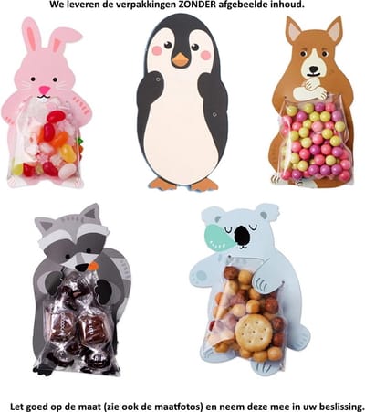 10x Uitdeelzakjes Dieren Mix Design - Konijn (2) - Kangaroe (2) - Wasbeer (2) - Penguin (2) - Koala (2) - Plastic Traktatie Kado Zakjes - Snoepzakjes - Koekzakjes - Koekje - Cookie Bags