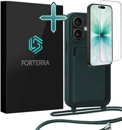 Hoesje Geschikt voor iPhone 17 Pashouder Case Siliconen Hoes Met Koord Met Screenprotector - Hoes Geschikt voor iPhone 17 Met Telefoonkoord Hoesje Back Cover Met Pasjeshouder - Donkergroen