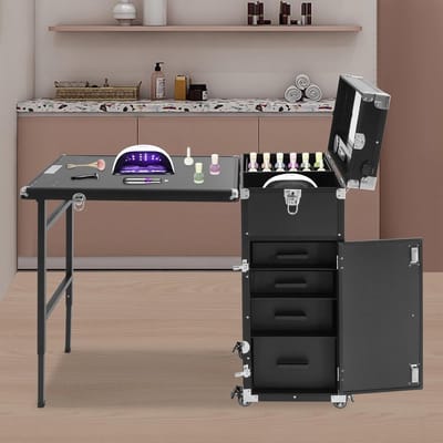 4-in-1 aluminium make-upkoffer met wielen, spiegels en bluetooth-luidsprekers, 360° draaibaar, afsluitbaar, beauty-case met vakken en lade