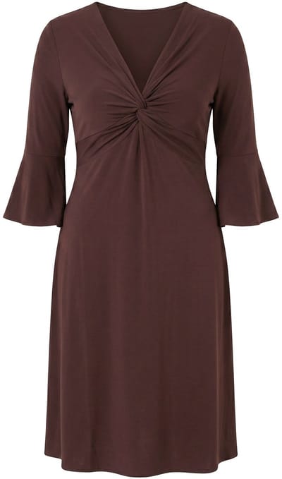 MIAMODA - Dames - Jerseyjurk A-lijn knoopdetail 3/4-trompetmouwen - Hazelnootbruin - Maat 46