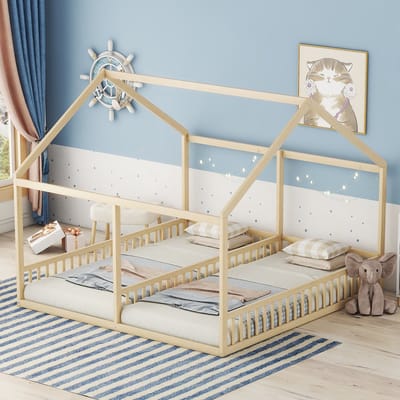 Sweiko Kinderbed, 2-in-1 bed, 90 x 200cm Eenpersoonsbed, Plat bed, huismodel, met beschermende grille,Natuurlijke kleur(Geen matras)