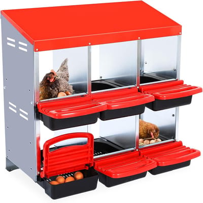 HoerFuriy Kippenlegkast - 6 Vakken - Legnest met Wegrolsysteem - Gegalvaniseerd Staal - Inclusief Uitneembare Trays - Voor Kippenhok - 81x52x79CM - Rood