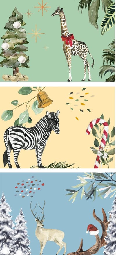 Joons Kerstkaarten Set 2026 - 18 Stuks A6 Kerstkaarten met Dieren - Giraffe, Zebra en Hert - Hippe Luxe Kerstkaart zonder Tekst - Nieuwjaarskaarten - Kaartjes om te Versturen