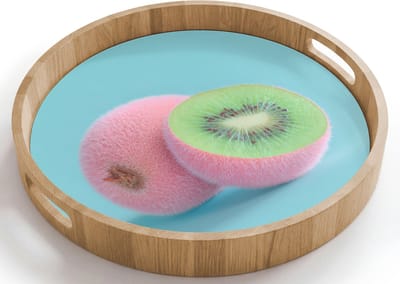 Dienblad rond 40x40 cm - Schootdienblad hout - Kiwi - Blauw - Surrealistisch - Borrelplank rechthoek - Plateau houten dienbladen