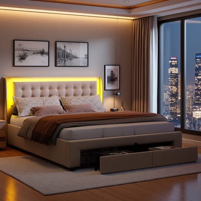 LED tweepersoonsbed met 2 lades - hydraulisch systeem - 140x190cm - grote opbergruimte, fluweel, beige