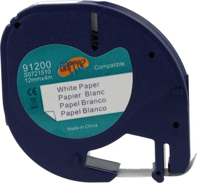 Dappaz - Compatible Label tape Papier 91200 Geschikt voor Dymo LetraTag Labelprinter - Zwart op Wit - 12 mm x 4 m - S0721510 - 1 stuk