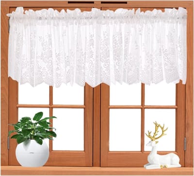 Korte Gordijnen van Kant voor Keuken en Woonkamer | Raamdecoratie voor Café en Bistro | 130 x 41 cm (Wit)