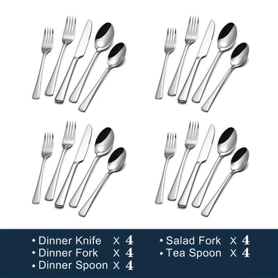 BESTEKSET- 20 -Delige Roestvrijstalen Bestekset voor 4 personen-Vaatwasmachinebestendig voor thuis-Restaurant, Bruiloft, Feest, Perfect voor families- Reizen- Verjaardagscadeaus-ZILVER.