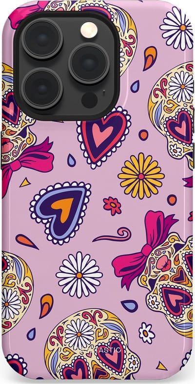 Casetastic hoesje geschikt voor Apple iPhone 15 Pro - MagSafe - Dubbellaagse bescherming - Dia de los Muertos Doodshoofd Strik - Fashion Case - Lichtroze Lila Taupe Zilver