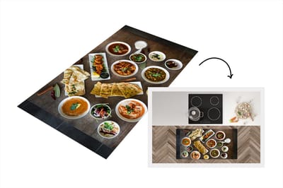 Keukenloper - Loper keuken - Witte borden en schalen gevuld met Indiaas eten op een houten tafel - 120x60 cm - Keukenloper vinyl