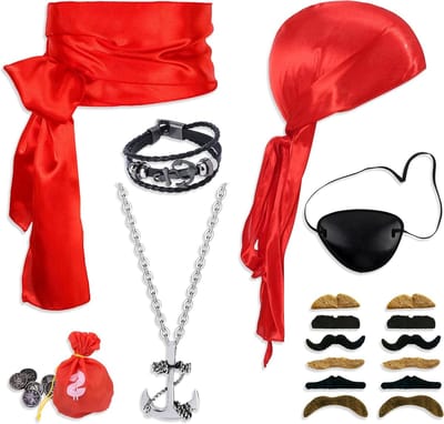 Piratenkostuum Accessoires Set met Bandana, Sjaal, Ooglapje, Ketting, Armband, Portemonnee en Nep Snor voor Halloween en Carnaval