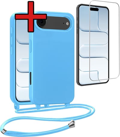 Hoesje Geschikt voor iPhone Air Hoesje Siliconen Case Met Koord Met Screenprotector - Hoes Geschikt voor iPhone Air Hoesje Backcover Met Telefoonkoord - Lichtblauw