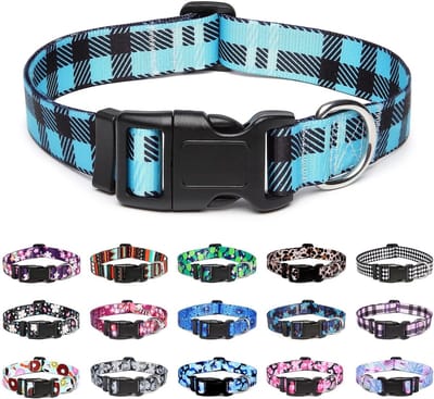 Verstelbare comfortabele hondenhalsband - zacht nylon in blauw ruitpatroon voor kleine, middelgrote en grote honden