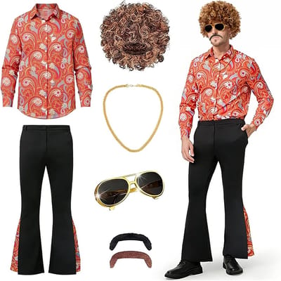 70s Kostuum voor Mannen - 7-delige Disco en Hippie Verkleedset voor Volwassenen, Carnaval en Halloween Outfit met Peruk, Shirt, Wijde Broek en Accessoires