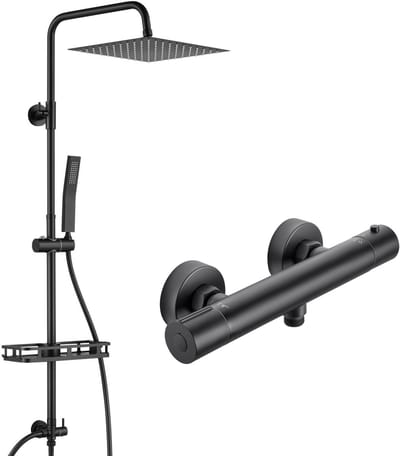 Auralum Max Regendouche met Thermostaatkraan en Plankje - Doucheset Zwart - Regendoucheset - 10 inch Douchekop - Verstelbaar Hoogte 72-110 cm - Waterbesparend - Zwart