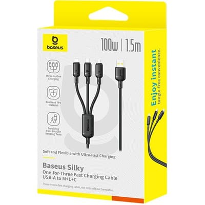 Baseus Silky One-for-Three Snelle Oplaadkabel USB-A naar M+L+C 100W 1.5m Kosmisch Zwart