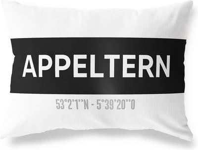 Tuinkussen APPELTERN - GELDERLAND met coördinaten - Buitenkussen - Bootkussen - Weerbestendig - Jouw Plaats - Studio216 - Modern - Zwart-Wit - 50x30cm