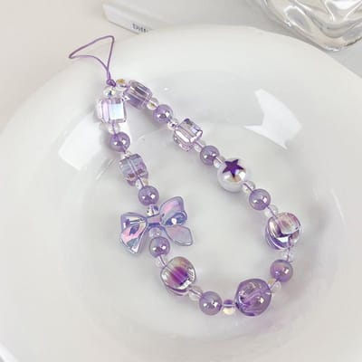 Zoete Snoepkleur Mobiele Telefoonketting Schattige Strik Kralen Mobiele Telefoon Hanger Bedels Vrouwen Mobiele Telefoonhoes Anti-verlies Lanyard Sieraden paars