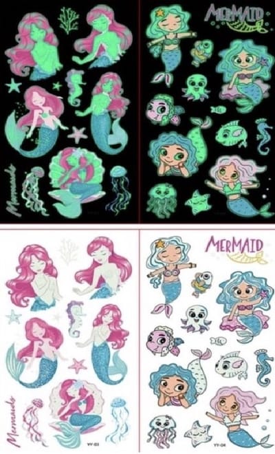 Akyol - Glow in the dark stickers- Glow in the dark zeemeermin tattoe - tattoe glow in the dark - 2 vellen - Glow in the dark – zeemeermin stickers - accessoires – Glow in the dark tattoo