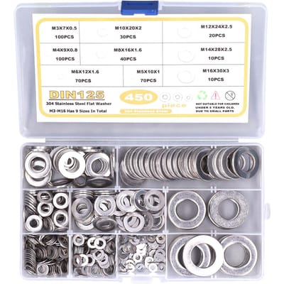 450 stuks platte ring 304 roestvrij staal M3 M4 M5 M6 M8 M10 M12 M14 M16 assortimentsset
