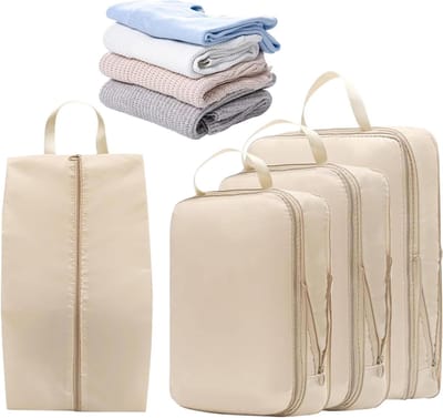Compressie Packing Cubes - Reis Organizers - Bagage Opbergen - Slimme Ruimtebesparing - 4 Stuks Set - Beige