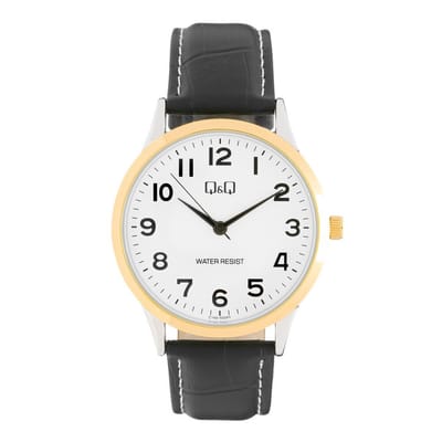Q&Q C14A-500PY - Horloge - Analoog - Heren - Mannen - Leren band - Rond - Staal - Zwart - Zilverkleurig - Goudkleurig
