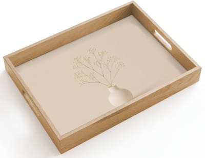 Dienblad hout 40x30 cm - Schootdienblad - Vaas - Takken - Bloemetjes - Wit - Borrelplank rechthoek - Plateau dienbladen