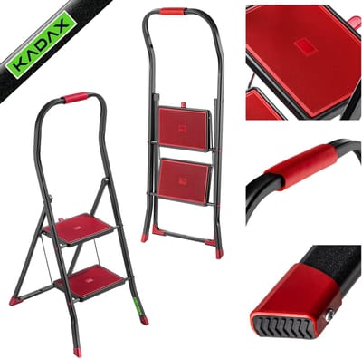 KADAX Inklapbare stalen ladder, zwart-rode trapladder met draagvermogen tot 150 kg, ladder met klapbeveiliging, leuning met antislip treden (2 treden)