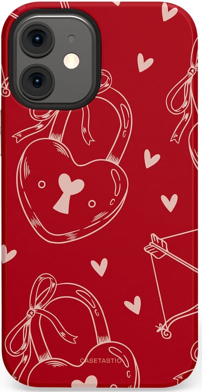 Casetastic Hoesje Geschikt voor Apple iPhone 12 Mini - Stijlvolle Beschermende Duo-layer Case - Hartendief - Liefdes Slotjes - Valentijn - Valentine - Love - Rood Wit