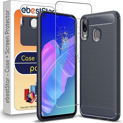 ebestStar - Hoes geschikt voor Huawei P40 Lite E (2020), TPU Bescherming Cover, Koolstof Design Hoesje, Donkerblauw + Gehard Glas