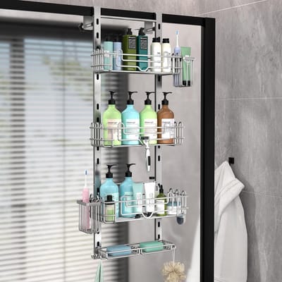 Hangende douche Caddy Organizer - Doucheplank met 22 haken en 2 tandenborstelhouders, zonder boren, verstelbare hangende badkamerorganizer - zilver