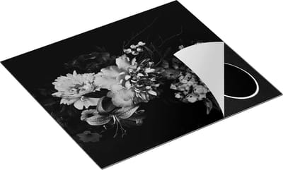 Chefcare Inductie Beschermer Diverse Bloemen op Zwart Achtergrond - Zwart Wit - 60x50 cm - Afdekplaat Inductie - Kookplaat Beschermer - Inductie Mat