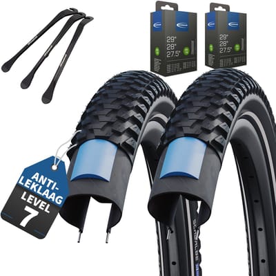 2-delige Set Schwalbe Fietsbanden Marathon Plus MTB 29 inch x 2,25 (57-622) buitenband + Auto/Schrader ventiel binnenband en 3 metalen MSZweirad bandenlichters voor eenvoudige wisseling van banden