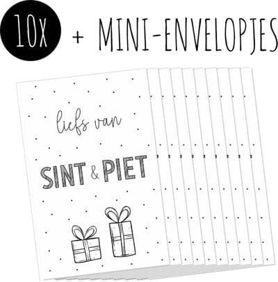 10x Sinterklaas Minikaartjes + Mini-envelopjes | LIEFS VAN SINT & PIET | kleine kaartjes met kraft enveloppen