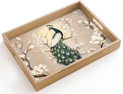 Dienblad hout 40x30 cm - Schootdienblad - Pauw - Tak - Bloemen - Borrelplank rechthoek - Plateau dienbladen