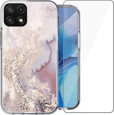 Hoesje geschikt voor Samsung Galaxy A22 5G - Siliconen Shock Proof Case Back Cover Hoes Marmer Roze + Screenprotector Gehard Glas Screen Protector